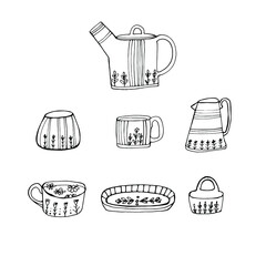 Dishes, cups, dishes with a pattern. For preparing drinks and food. Coloring book for children and adults. Isolated on white. For design, textile, poster, design paper. Stock graphics. Hand graphics