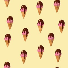 seamless pattern with cartoon ice cream. Delicious sweets. waffle cone, and pink ice cream with chocolate top glaze. beige background