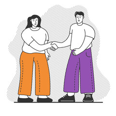 A man and woman shaking hands.Friendship handshake acquaintance. Standing people meets.The guy and the girl greet.Isolated on white background.Outline vector flat.