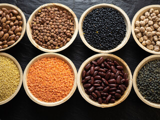 Dried, legume, leguminous plants, structure, assortment chickpea, kidney beans, pink coconut beans, green lenses, beluga lenses, millet, coral lenses, blond lenses, background. Flat lay, top view.