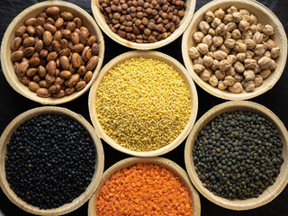 Dried, legume, leguminous plants, structure, assortment chickpea, kidney beans, pink coconut beans, green lenses, beluga lenses, millet, coral lenses, blond lenses, background. Flat lay, top view.