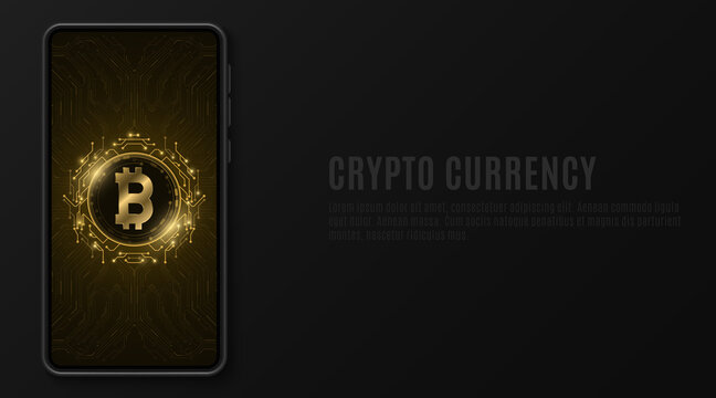 Mobile phone mockup with golden bitcoin on touch screen. Cryptocurrency software. Digital currency mining. Blockchain for graphic design. Computer circuit board pattern. Vector illustration.