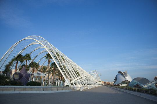 October, 2020. Valencia, Spain. Umbracle, buildings of the Reina Sof&iacute;a opera and the Hemisf&egrave;ric in the Ciutat de les Arts i les Ci&egrave;ncies