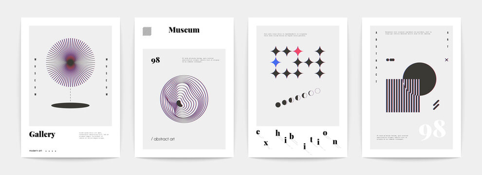 Minimal abstract posters. Set of dynamic shapes in retro style. Electric vibrant elements in minimal vector art