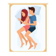 Couple of man and woman sleeping in the same bed, view from the top.