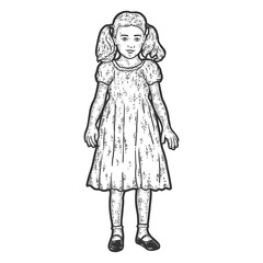 Child, girl in a dress. Sketch scratch board imitation coloring. Engraving vector