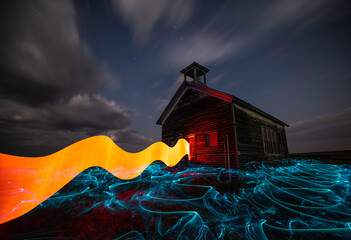 Long exposure, light painted abandoned building