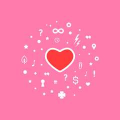 Red heart with different signs and symbols. Relationshis psychology logo isolated on white.
