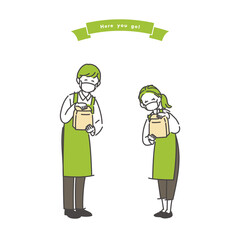 マスク着用で紙袋をかわいく手渡す男女の店員のイラスト素材