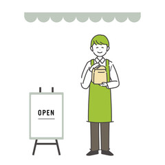 紙袋を持って店頭に立つ男性店員のイラスト素材