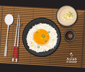 Delicious Tamago Kake Gohan, Rice with raw egg and Miso soup with tofu,Vector illustration