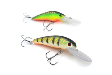 Group of fishing lures wobblers on white background