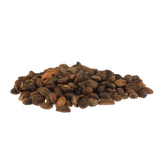 Roasted coffee beans, isolated on white background. Close-up shot of delicious arabica beans, pile or group of objects, cut out