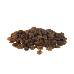 Roasted coffee beans, isolated on white background. Close-up shot of delicious arabica beans, pile or group of objects, cut out