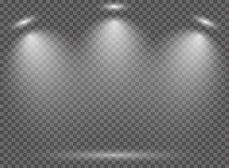 A sat of stage lighting, transparent effects on a checkered dark background. Bright lighting with spotlight.
