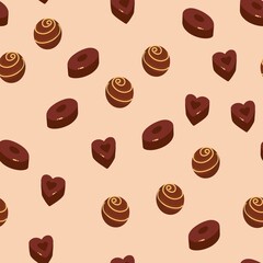 seamless pattern with cartoon chocolate candy. Delicious sweets. beige background