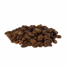 Roasted coffee beans, isolated on white background. Close-up shot of delicious arabica beans, pile or group of objects, cut out