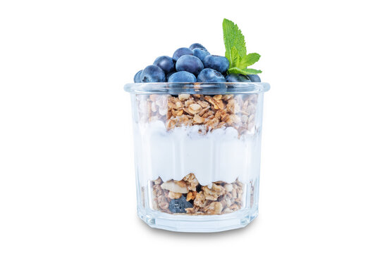 Blueberry Greek Yogurt Granola Parfait In A Glass On A White Isolated Background