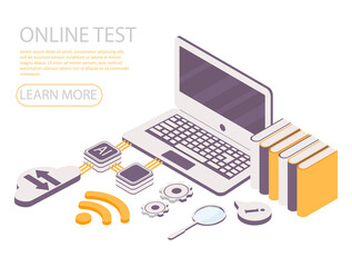 Online test or education concept vector illustration in isometric design. Internet distant training and courses on learning or educational platform. Website template.