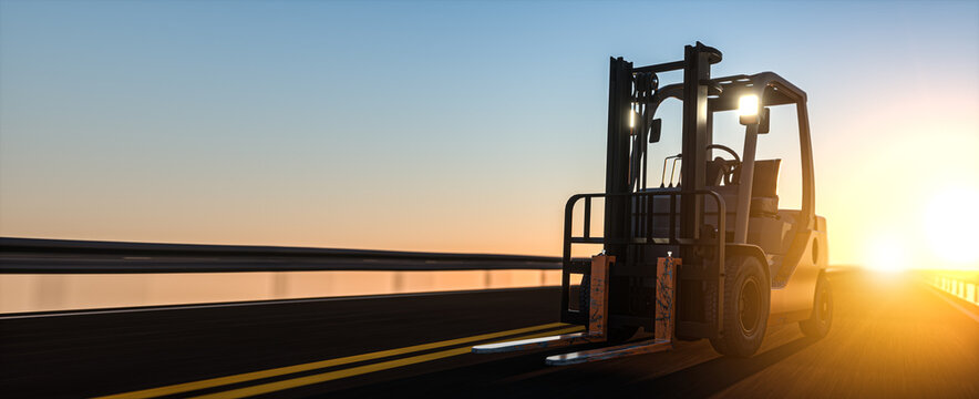 Logistik - Gabelstapler f&auml;hrt auf Stra&szlig;e