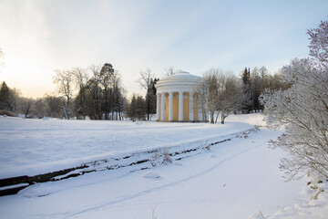 Evening in the winter park. Pavlovsk, the vicinity of St. Petersburg. Russia