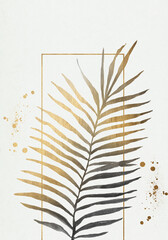 Graphical palm leave illustration. Line art, Green and golden pattern background.
