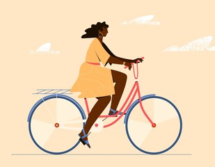 Girl with dark skin riding a bike in summer dress. Vector illustration.