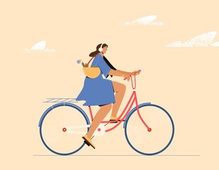 Girl riding a bicycle, listening to music with headphones. Vector illustration