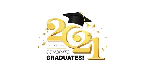 Congrats Graduates vector concept.Class of 2021 design for graduation ceremony invitation, party, high school or college yearbook. Gold typography letters, flying confetti and academic cap on white
