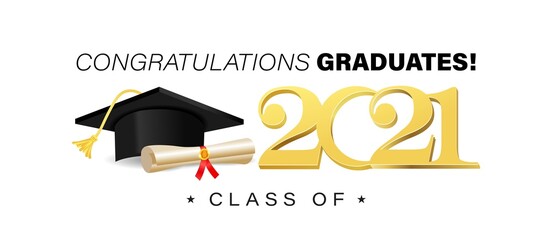 Fototapeta Congratulations graduates banner template with academic cap, golden text and diploma scroll. Class of 2021 concept for invitation, yearbook, card, blog or website. Vector illustration obraz