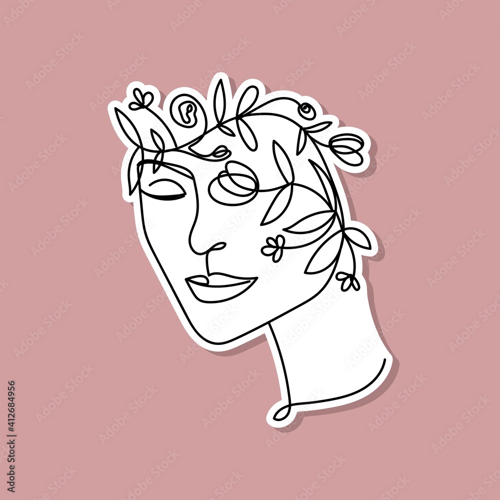 Wall mural Modern minimalist continuous line art.Women's faces in one line art style with flowers and leaves. Beauty or fashion logo. Spring design for sticker, poster, shirt, cards. Vector illustration