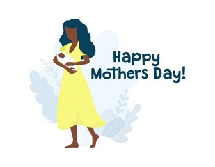 Happy mothers day greeting card with woman vector illustration. Afro american female holding newborn flat style. International holiday concept. Isolated on white background