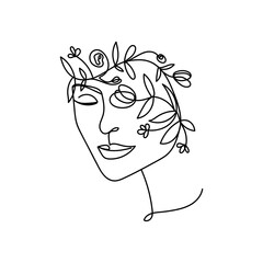 Continuous line art drawing. Woman's head silhouette with closed eyes and flowers. Beautiful young girl linear art. Vector illustration for beauty, fashion, logo, posters, shirts etc. One line art.