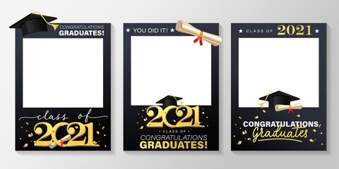 Class of 2021. Graduation party photo booth props set. Photo frame for grads with caps and confetti. Congratulations graduates concept with lettering. Vector illustration. Gold and black grad design. - obrazy, fototapety, plakaty