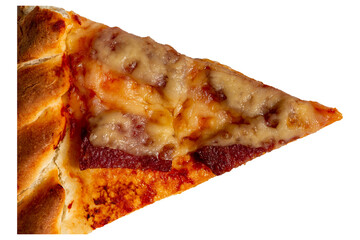 Triangular slice of pizza with sausage, cheese and tomato paste isolated on a white background.
