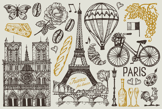 Paris set in vintage retro style. France, eiffel tower and buildings. Retro doodle elements. Vector illustration. Hand drawn engraved retro sketch. Antique old monochrome style.