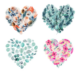 Obraz na płótnie Canvas Set of watercolor floral hearts of vintage flowers, roses, eucalyptus branches, fir branches and bright pink flowers, isolated illustrations on white background