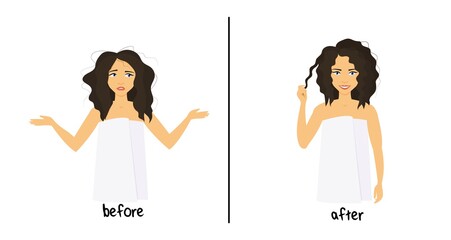 Before and after hair care concept. Young beautiful curly girl before and after hair styling. Shaggy woman and combed hair. Vector in cartoon style.