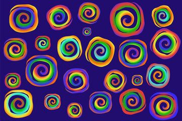Bright hippie-style pattern of rainbow spirals on a purple background