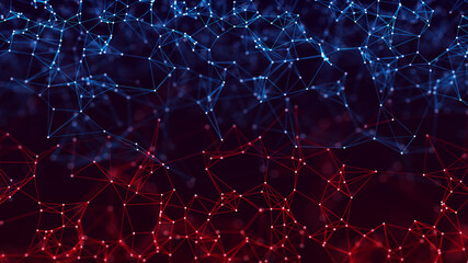 Abstract digital background of points and lines. Glowing double blue and red plexus. Big data. Network or connection. Abstract technology science background. 3d rendering