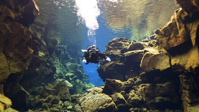 Underwater, pov, diving in Silfra fissure, Iceland