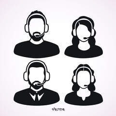 Call center operator with headset web icon design. Call center avatar set. Client services and communication, customer support, phone assistance, information, solutions. Vector