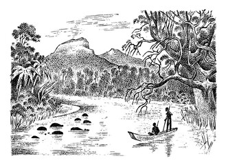 Rowers on a boat sail in in the Rhine river. Sailing ships at sea on the background of mountains and tropical plants. Strong curly waves. Seascape in vintage old style. 