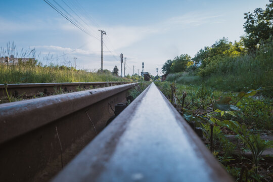 Selective focus shot of railways leading to the train station