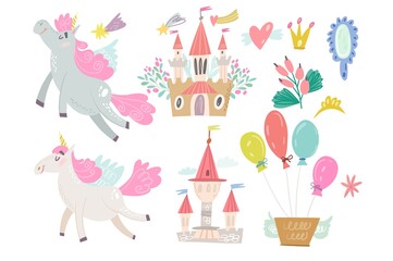 A lovely vector set of Unicorns and castles. Magical set of elements. Princess Magic Set. 