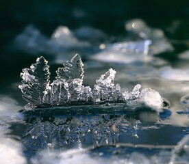 eau glacée cristallisée en forme d'arbres hiver froid  flaque d'eau frisée 