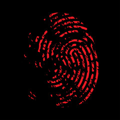 Bloody fingerprint icon. Murder biometrics mark illustration. Mystery criminal trace isolated on black background.
