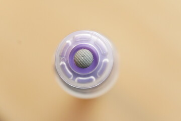 Closeup macro photo of the tip head of medical insulin pen for diabetes injection.