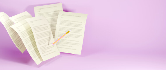 Education concept. 3d of pencil and papers on pink background. Modern flat design isometric concept of Education. Back to school.
