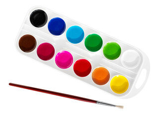 Set of watercolor paints, brushes for painting.